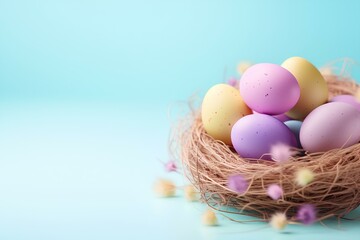Fototapeta na wymiar Happy Easter day decoration colorful eggs in nest, top view, pastel color background, with copyspace