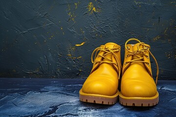 Pair of yellow safety leather shoes isolated on dark blue background. With copy space. - obrazy, fototapety, plakaty