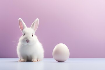 Easter bunny rabbit with sweet color egg on pastel background, with copyspace, Easter holiday concept