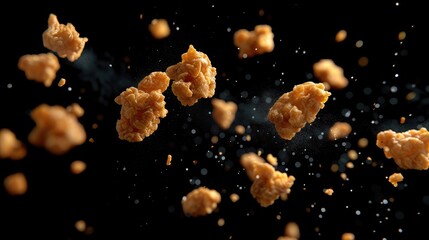 Freeze motion of flying pieces of fried chicken pieces on black background. Concept of levitating food. - obrazy, fototapety, plakaty
