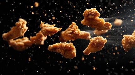 Freeze motion of flying pieces of fried chicken pieces on black background. Concept of levitating food. - obrazy, fototapety, plakaty