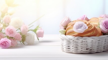 Easter cake on a light table background with beautiful flowers. Easter background for the spring holiday. A postcard with a place for the text.