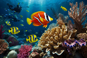 Naklejka na ściany i meble The symphony of underwater coral reefs and colorful fishes