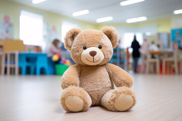Children day care center, kindergarten or preschool with teddy bear and blurry playing children in...