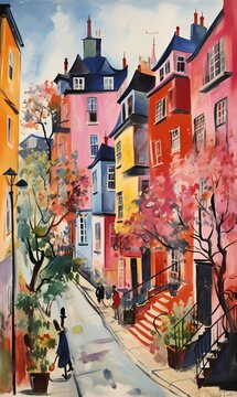 London street colorful wall art painting wallpaper background