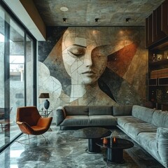 Living room with artistic marble walls featuring geometric shapes art and vivid textures, great for architecture, inspiration, decoration, art, residential comfort. Generative Ai