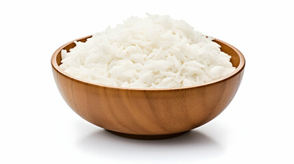 Wooden Bowl with Jasmine Rice, White Background