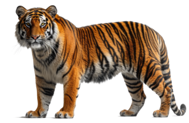 Majestic adult tiger standing isolated on white background, side view, wildlife concept.