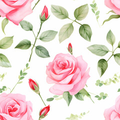 Watercolor cute rose flowers and green leaves on white isolated background. Seasonal floral seamless pattern for print.