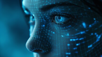 Facial recognition technology - Closeup face scan of a woman with artificial scanner  - obrazy, fototapety, plakaty