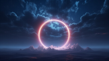 3D Cloudscape Adorned with Neon Circles - obrazy, fototapety, plakaty