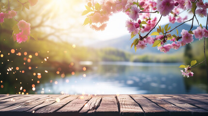 Naklejka na ściany i meble blossoms On Wooden Table In lake on mountain With Bokeh Lights And Flare