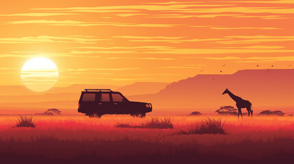 Fototapeta na wymiar vector African safari silhouetes with an SUV and giraffe at sunset