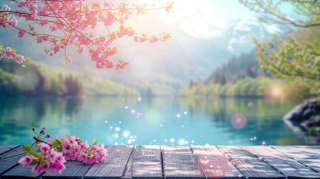 blossoms On Wooden Table In lake on mountain With Bokeh Lights And Flare