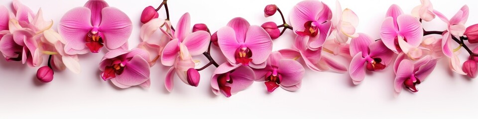 A banner of orchid flowers on a white background. An invitation or a postcard for a holiday.