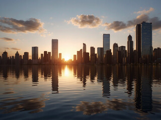 Cityscape at golden hour, with intricate reflections of the skyscrapers on the glassy surface of a lake in the park.