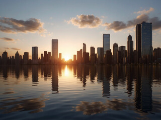 Obraz premium Cityscape at golden hour, with intricate reflections of the skyscrapers on the glassy surface of a lake in the park.