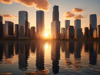 Cityscape at golden hour, with intricate reflections of the skyscrapers on the glassy surface of a lake in the park.