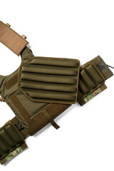 Close up of tactical bulletproof vest on white background