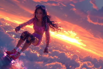 jeune fille adolescente, brune aux cheveux longs et ondulés, avec des goggles sur la tête, habillée streetwear, protections  aux genoux, qui fait du skateboard sur les nuages, au coucher du soleil.  