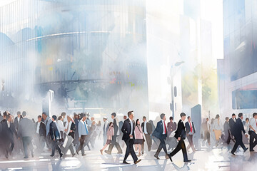 ビジネス街を歩く人々のビジネスシーン「AI生成画像」 - obrazy, fototapety, plakaty