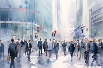 ビジネス街を歩く人々のビジネスシーン「AI生成画像」 - obrazy, fototapety, plakaty