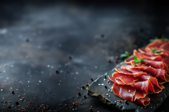 jambon cru, Pata negra, bellota, jambon d'Aoste, jambon de Parme, viande de grison,  jambon rouge, sur une planche en ardoise sur fond noir textur&eacute; avec du poivre et sel, espace n&eacute;gatif copyspace