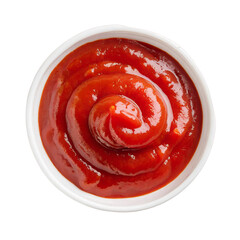 Ketchup in a bowl isolated on transparent background. Top view.