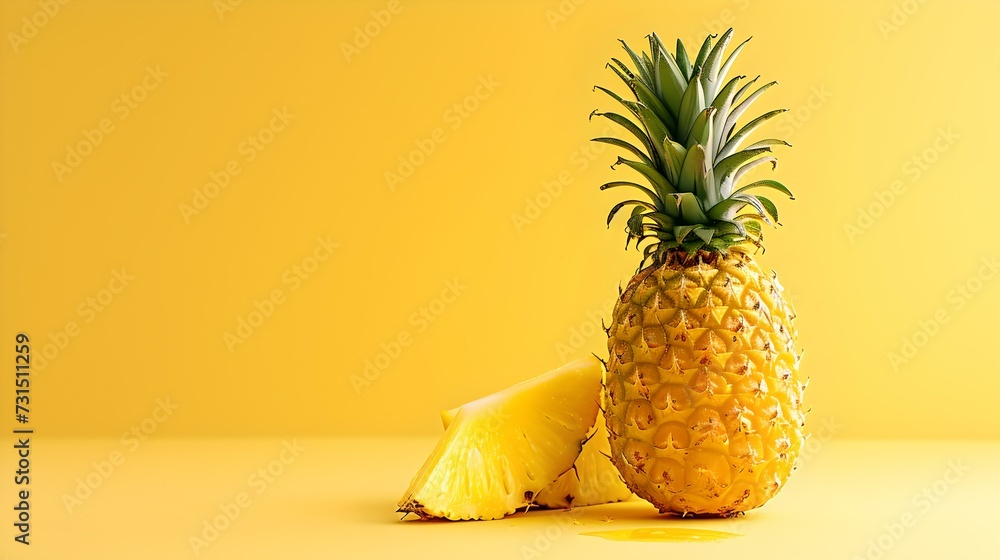 Wall mural Juicy whole pineapple beside sliced wedge on a yellow background reflects healthy eating. still life, vivid simplicity. AI