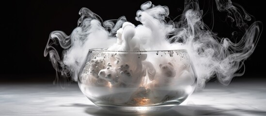 White cloud of smoke in a glass bowl on a black background.