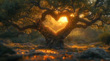 tree growing in the shape of a heart sunset background - obrazy, fototapety, plakaty