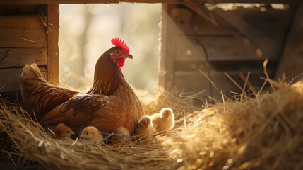 A serene hen with chicks in a sunlit coop, warm rural atmosphere. rural life captured in a heartwarming scene. cozy farm setting. AI