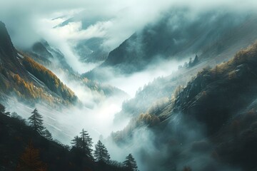 Misty mountain valley under ethereal light, peaceful and surreal nature scenery. ideal for mindfulness and backgrounds. tranquil landscape photo. AI - obrazy, fototapety, plakaty