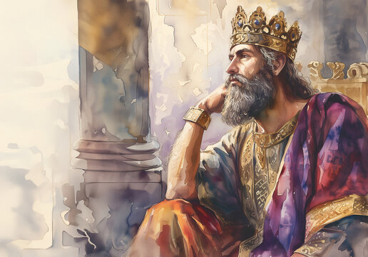Roi Salomon assis sur son tr&ocirc;ne avec sa couronne sur la t&ecirc;te regardant &agrave; l'ext&eacute;rieur du Temple de Salomon. Illustration biblique de l' Ancien Testament &agrave; l'aquarelle