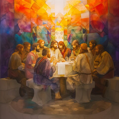 le dernier repas de Jésus Christ durant les Pâques. Vendredi saint pour les chrétiens. Jésus entouré de ses disciples les apôtres pour rompre le pain et partager le vin. Repas de la Cène