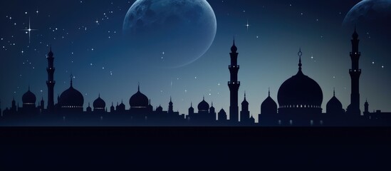 Mosque and the moon at night. Ramadan Kareem greeting card.