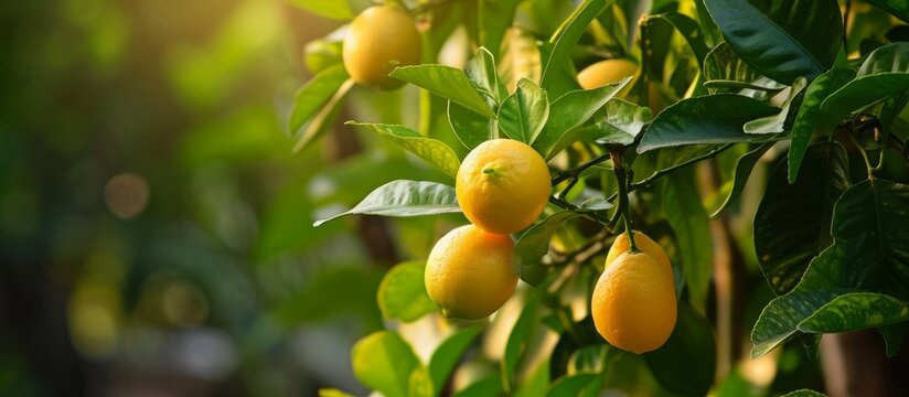A tree bearing a bunch of yellow lemons, a fruit of the citrus family, is a natural food produced by a flowering plant.