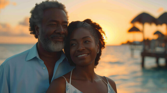 Sunset Embrace - Senior African American Couple by the Sea
 - Powered by Adobe