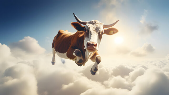 Mythical Super Cow Gliding Through Heavenly Skies