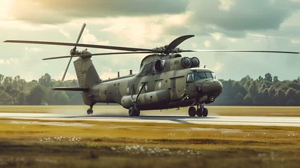 Zelfklevend Fotobehang Military helicopter landing on airstrip during golden hour. dual-rotor aircraft, modern aviation, powerful transport machine. AI © Irina Ukrainets