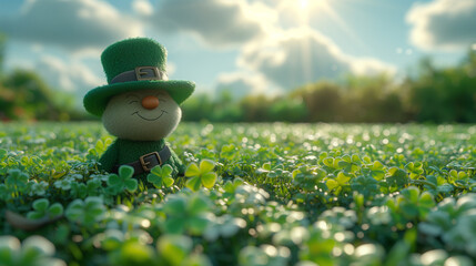 Cheerful cute cartoon character with a Leprechaun costume sits in a lush field of clovers under a sunlit sky. - obrazy, fototapety, plakaty