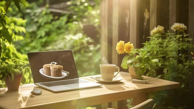 coffee and laptop in garden outdoor office. working and relaxing background. seamless looping overlay 4k virtual video animation background 