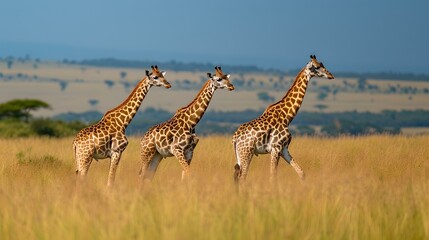 Fototapeta premium Three giraffes roaming the serene african savannah. wildlife in natural habitat, captured in bright daylight. perfect for nature-themed projects. AI