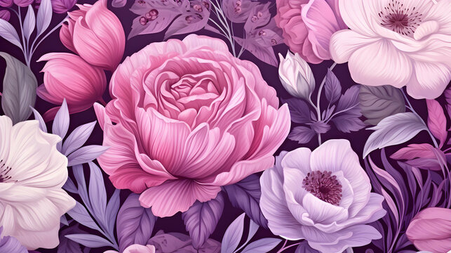 Beautiful wallpaper with rose flowers, floral pattern, pink colors