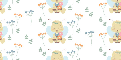 Seamless children's pattern with bee and flowers on a white background. Perfect for printing on children's textiles. Delicate print.