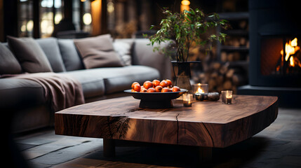 large, solid wooden coffee table in living room with sofa and fireplace - obrazy, fototapety, plakaty