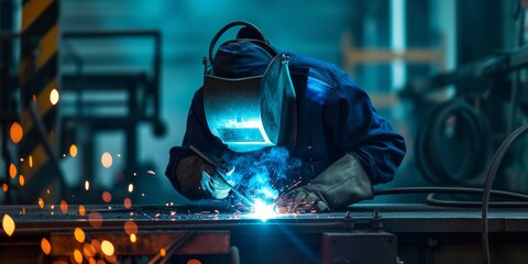 Skilled Welder works in a fabrication shop welding metal work - They are wearing protective Fire resistant clothing - obrazy, fototapety, plakaty