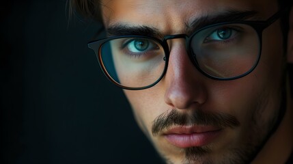 Fototapeta na wymiar Close-up of a man with glasses, intense gaze, dark background. perfect for corporate profiles. AI