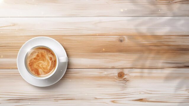 morning coffee. coffee cup on white wood table top view. seamless looping overlay 4k virtual video animation background 