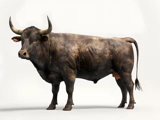 Poster Black bull isolated on white background. The Big bull young strong have muscle and sharp horn © Some